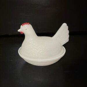 Milk Glass Hen on Nest Dish 4.5”